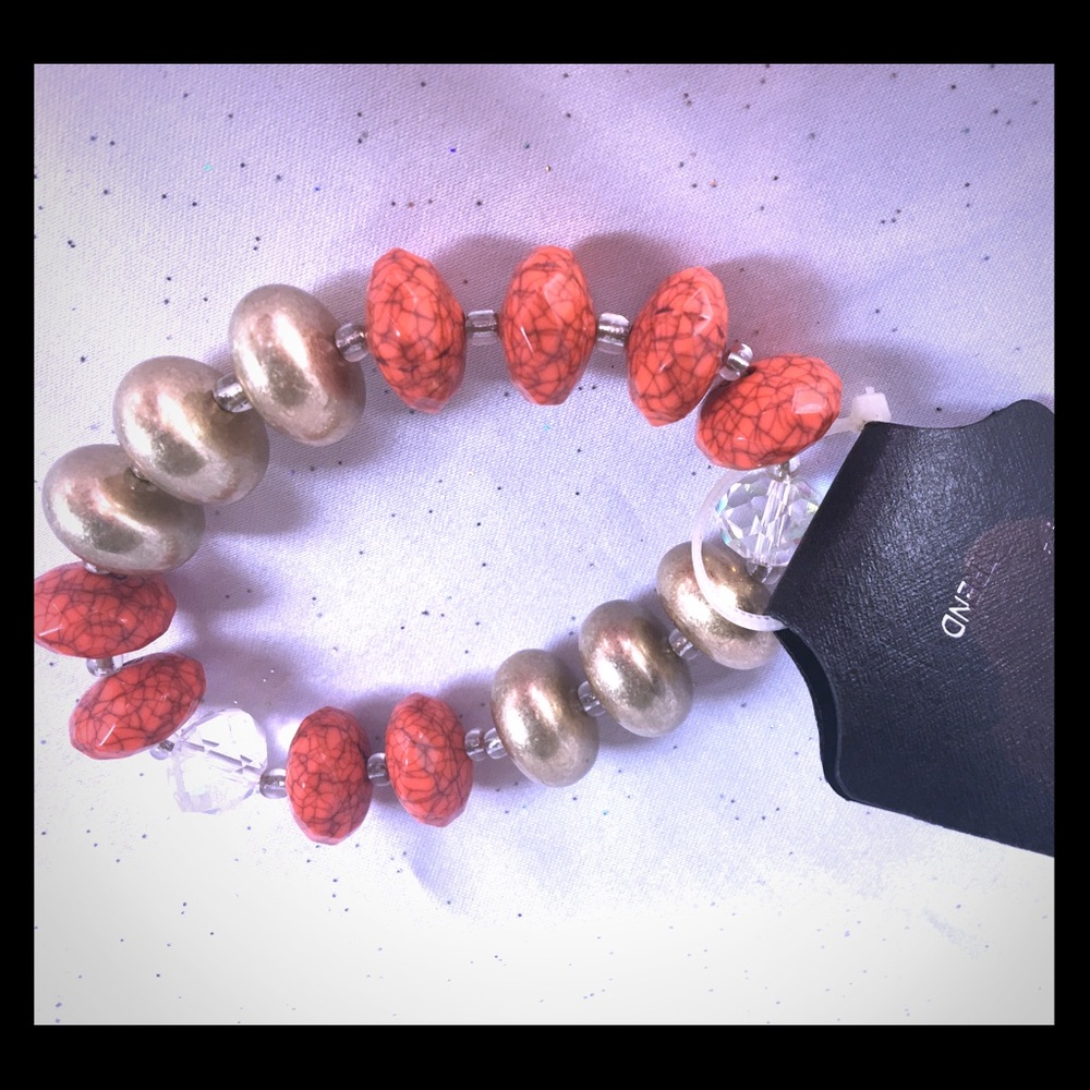 GNW Orange, Gold, Clear Bead Stretch Bracelet